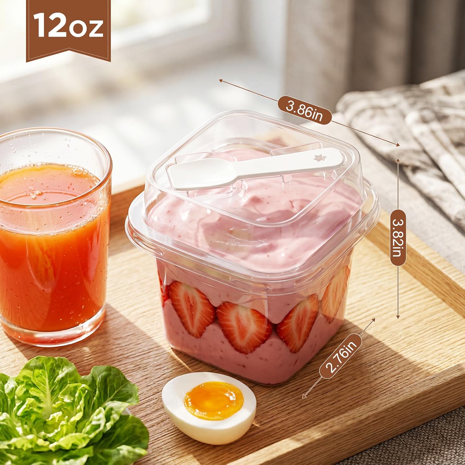 100 Pieces 12oz Plastic Dessert Cups with Lids and Spoons Square Containers Disposable Parfait for Wedding Party Banana Pudding Appetizer Mousse Fruit Cupcakes Yogurt Oatmeal Serving