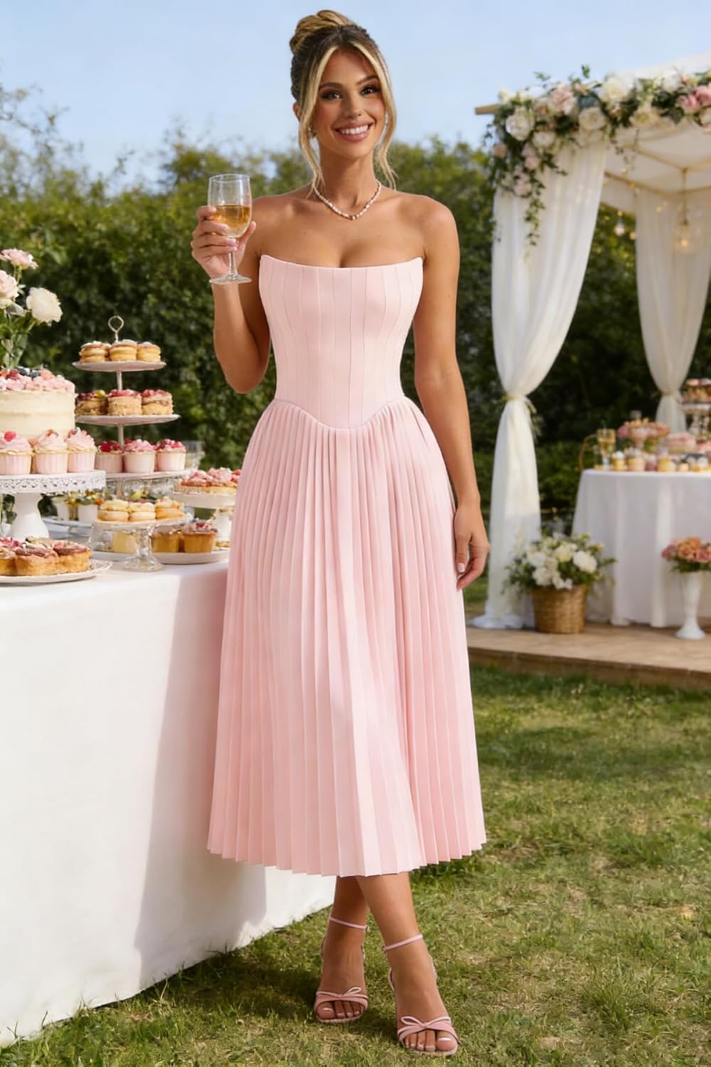 Satin Pleated Bridesmaid Dresses 2026 Strapless Tea Length A Line Corset Prom Gown - Image 3