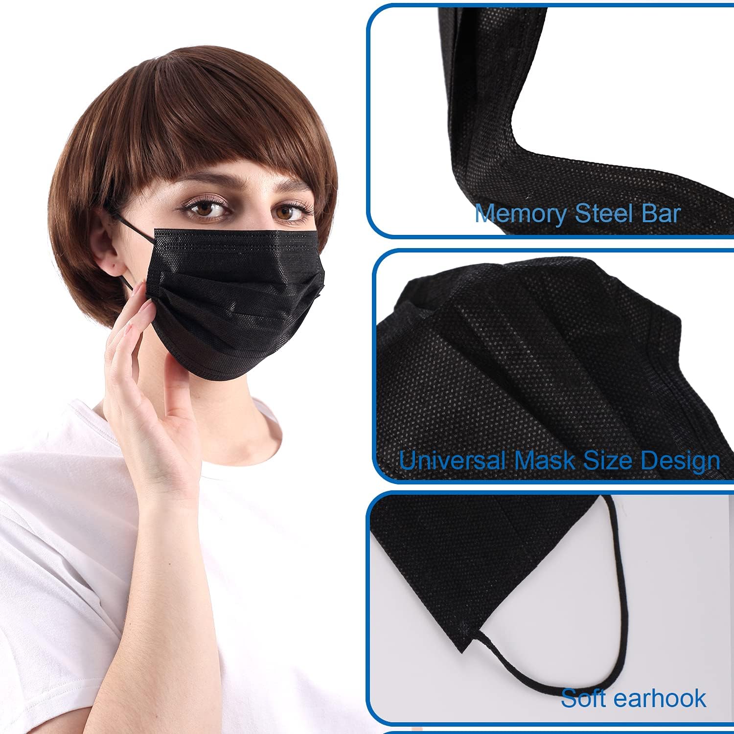 50 Pcs Disposable Face Mask - 3 Ply Protective Safety Face Masks (875-50Pcs Black Individually Wrapped)