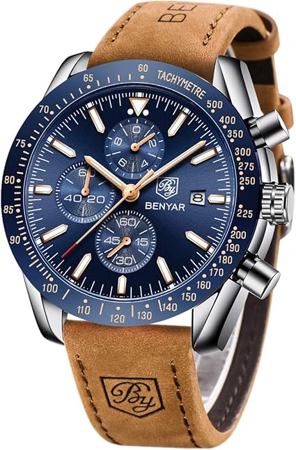 Orologio Uomo BY BENYAR Movimento al Quarzo Moda Sportivo Cronografo 30M  Impermeabile Orologio da Polso Elegante con Cinturino in Pelle Regalo per  Uomo : Amazon.it: Orologi