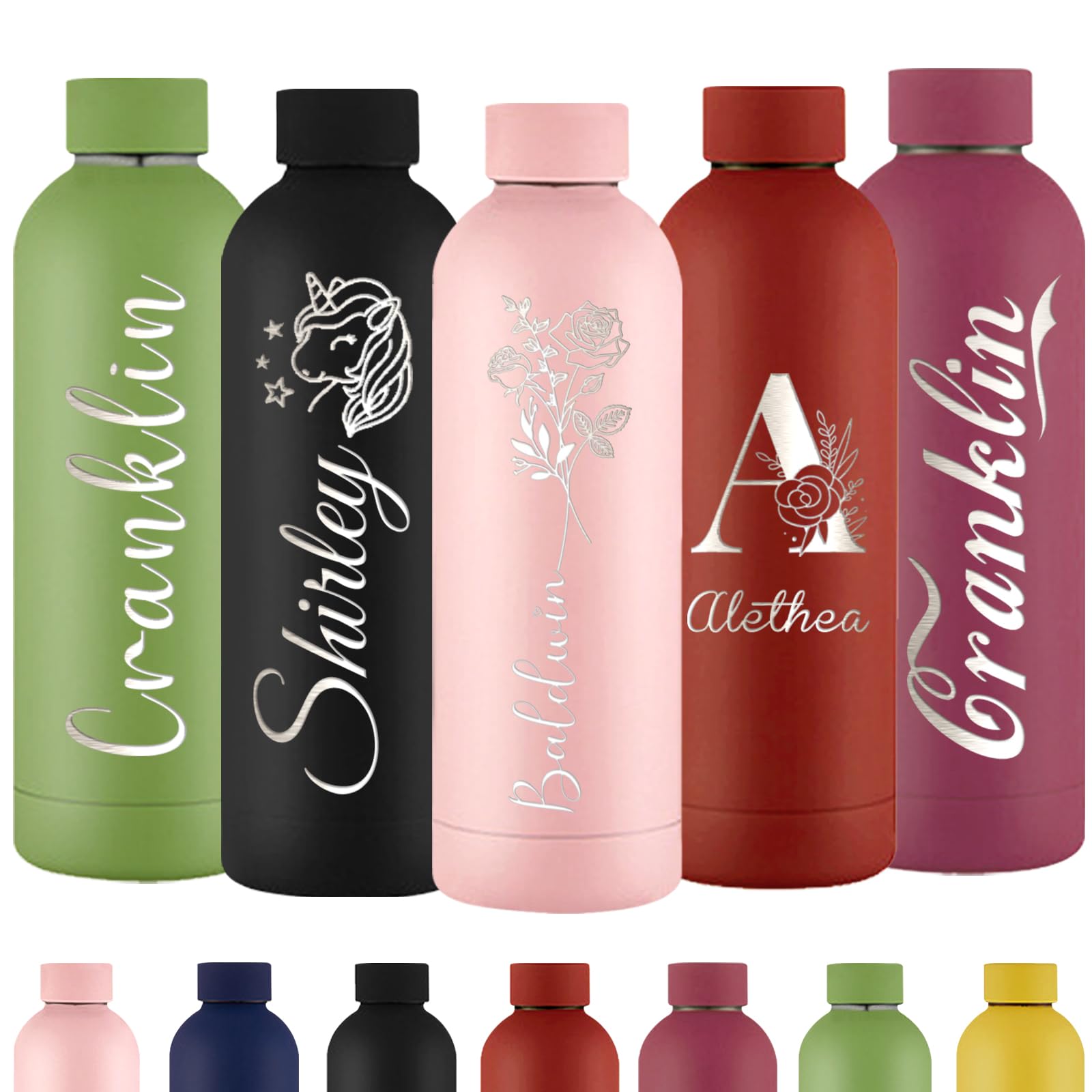 Xihedfd Personalised Water Bottles Custom Engraved Water Bottle with Name Customised Insulated Stainless Steels 500ml Water Bottle for School Office Sport
