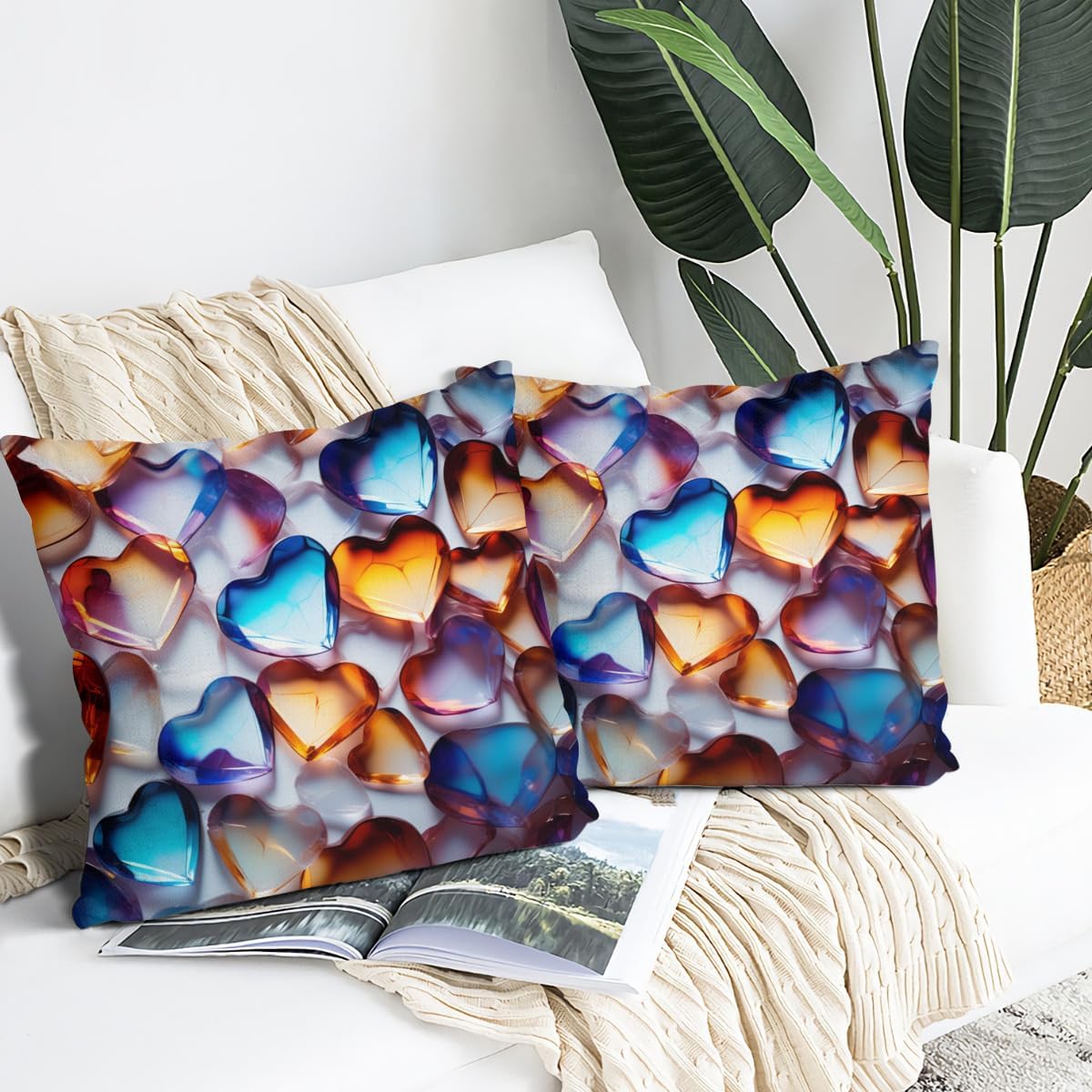 Art and Beyond Set of 2 Pillowcases Watercolor Heart Pillowcovers Stained Glass Style Hearts Pattern Design Pillow Case Cushion Covers for Bedroom Dorm Living Room Decor image 3