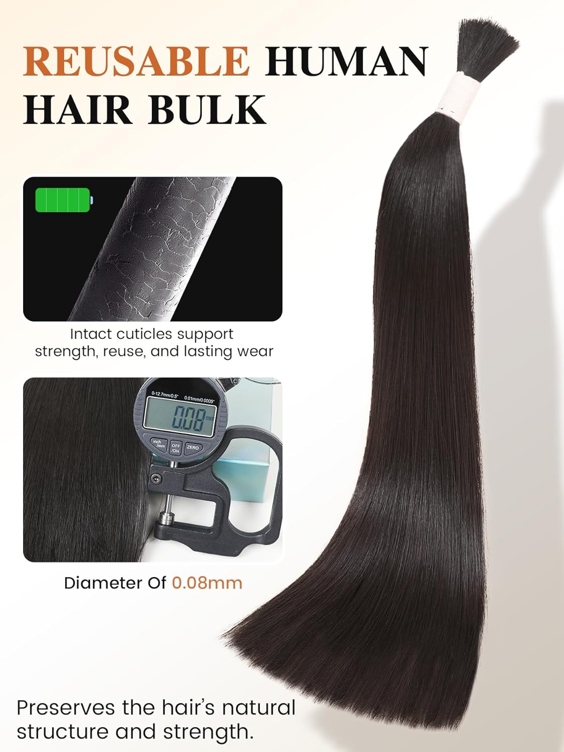 Bulk Human Hair for Braiding 100g – 100% Remy Human Hair Bulk No Weft No Track for Micro Beads I Tip Keratin Fusion Custom Extensions Natural Straight Salon Professional Hair（Natual Black）