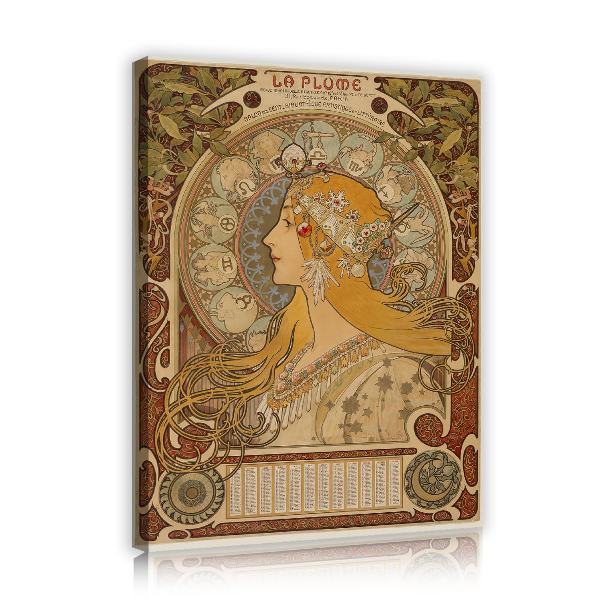 TOANGWALL Alphonse Mucha Zodiac Replica Framed Canvas Wall Art Living Room Art Nouveau La Plume Astrology Goddess Calendar Picture Prints for Bedroom Office Decor 80x95cm