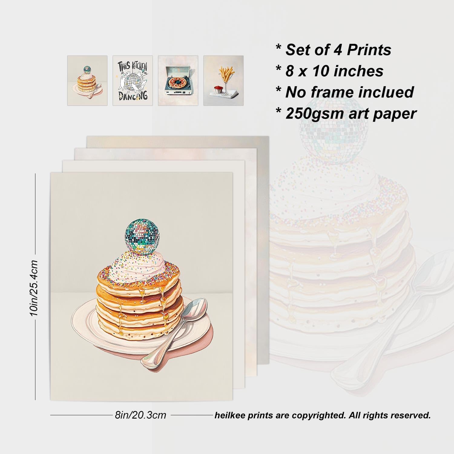 heilkee Vintage Kitchen Wall Art Music Decor Funny Food Paintings Disco Ball Pictures Pancakes Martini Prints Set of 4(UNFRAMED 8x10in) - Image 2