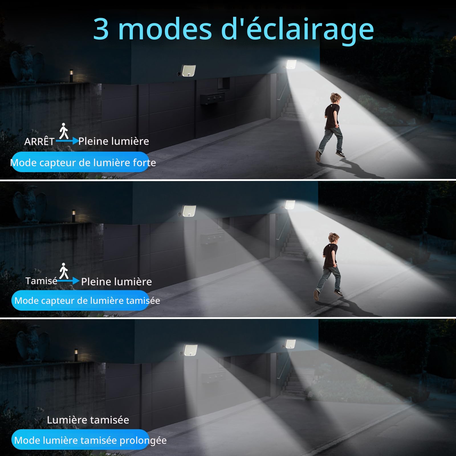 Lot 2 Lampes Solaires Extérieur 202 LED – Avec Détecteur Mouvement, IP65, Panneau Séparé 5m