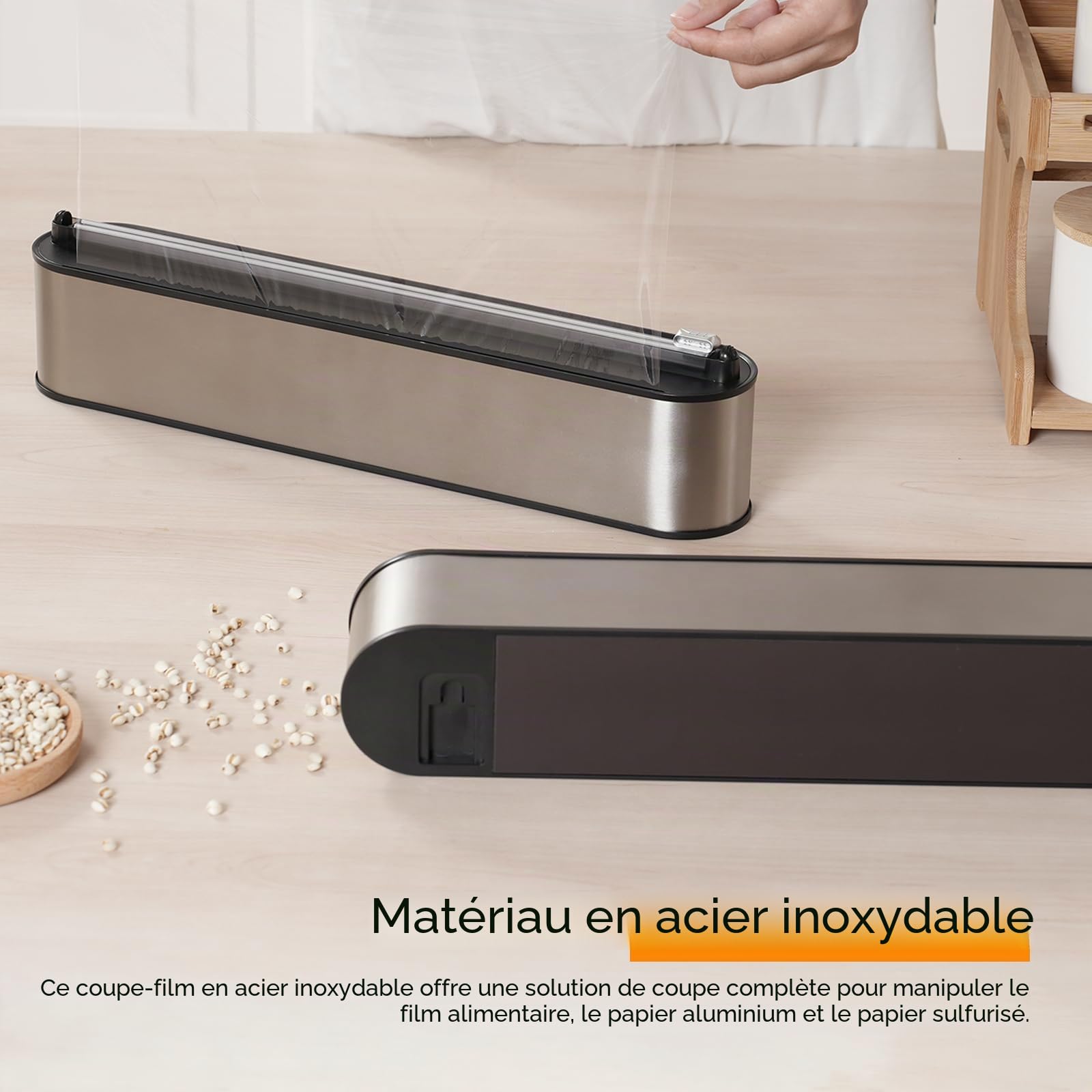 Derouleur film alimentaire- Aspect inox，Distributeur papier aluminium et film，Distributeur film alimentaire et -rouleaux 31 cm Compatibles, （couleur inox）