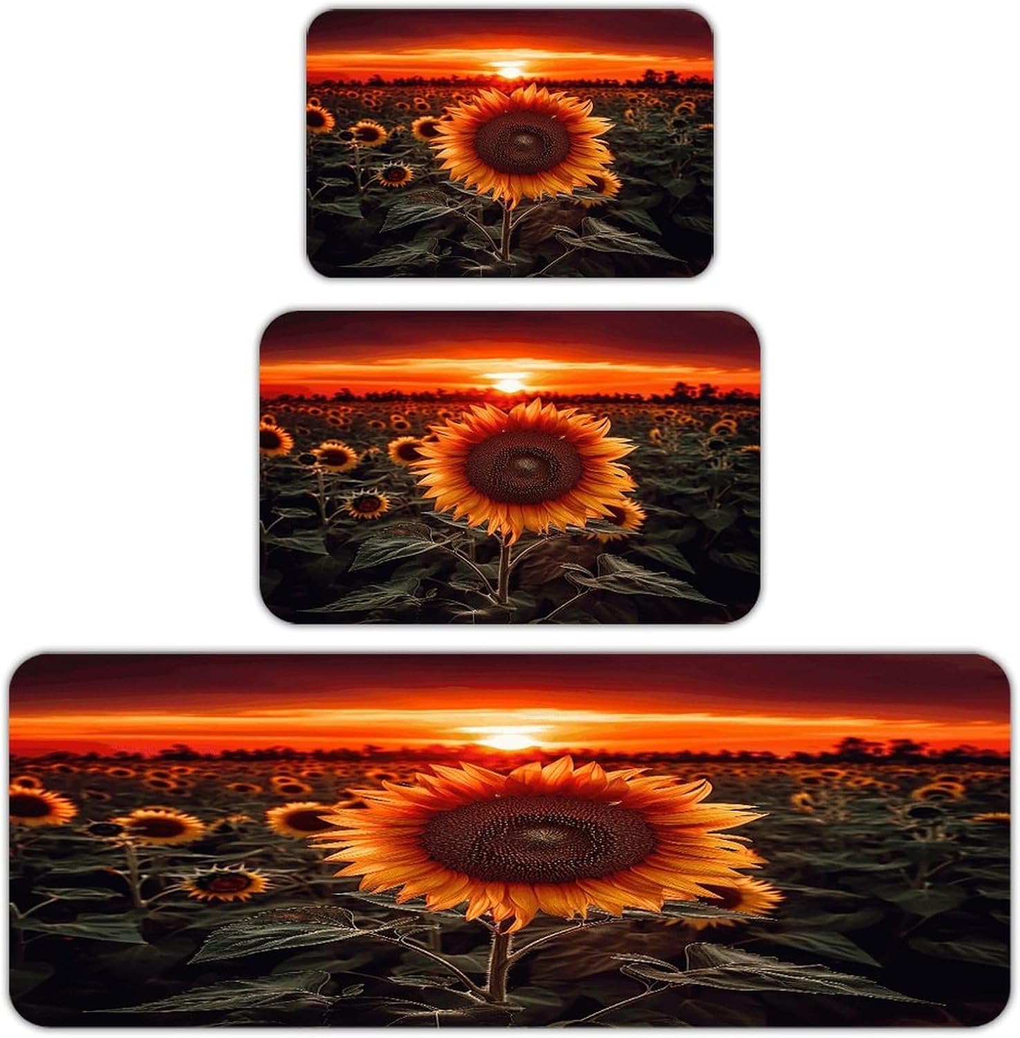 Sunset Sunflower Kitchen Rugs Sets of 3 Washable Non Slip Kitchen Rug Water Resistant Carpet Piece Anti Fatigue Kitchen Mats Soft Comfort Standing Mat Modern Area Rug