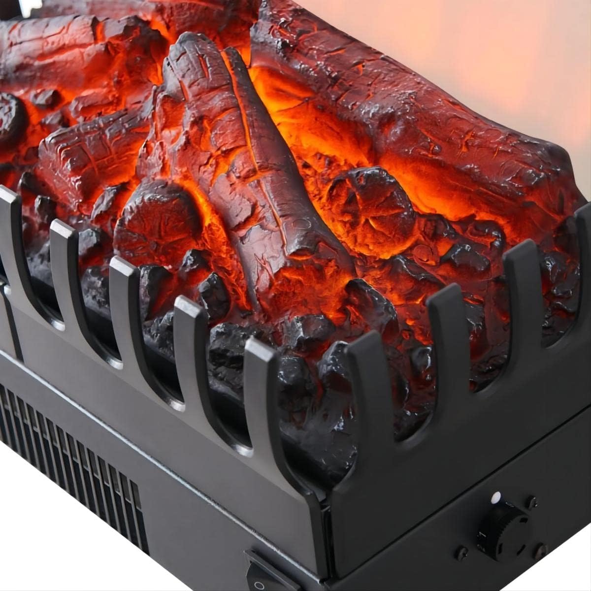 ക്ലോസ് അപ്പ് view of the realistic log set and glowing ember bed