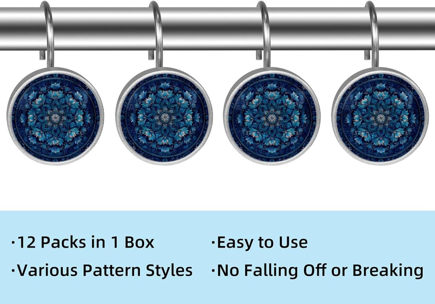 12PCS Mandala Floral Blue Dark Shower Curtain Hooks Rings for Bathroom, Decorative Shower Curtain Hooks Rods Curtains and Liner