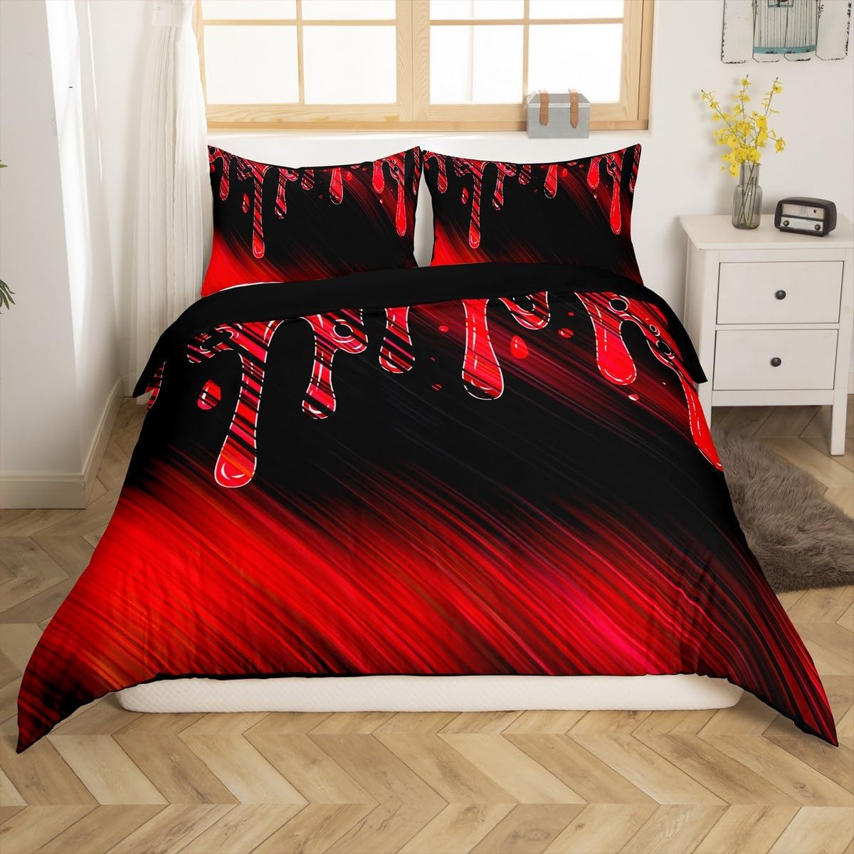 Feelyou Abstract Bedding Duvet Cover Set Kids Ombre Red Black Reversible Bedding Set Modern Art Comforter Cover Set for Women Men Room Decor Drop-Shaped Bedspread Cover Full Size with 2 Pillow Case