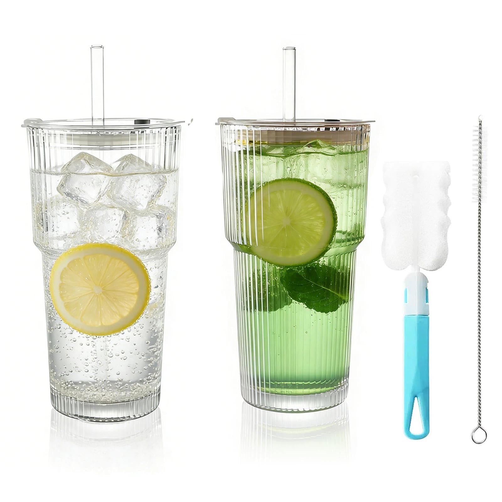 Tazze di vetro a righe, 2 parti, tazze di vetro, bicchiere da bere, bicchiere da long drink, bicchiere rigato con coperchio e cannuccia, bicchiere da 600 ml per smoothie, tazza di vetro, con spazzola