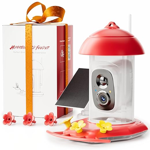 LongPlus® Hummingbird Feeder with Camera for Outdoors Solar Powered,Smart Bird Camera with 2K Live Video,Ant Guard Base,AI Identify Bird Species,Ant Moat,Bee Proof with 3 Feeding Ports,Gifts Ideal