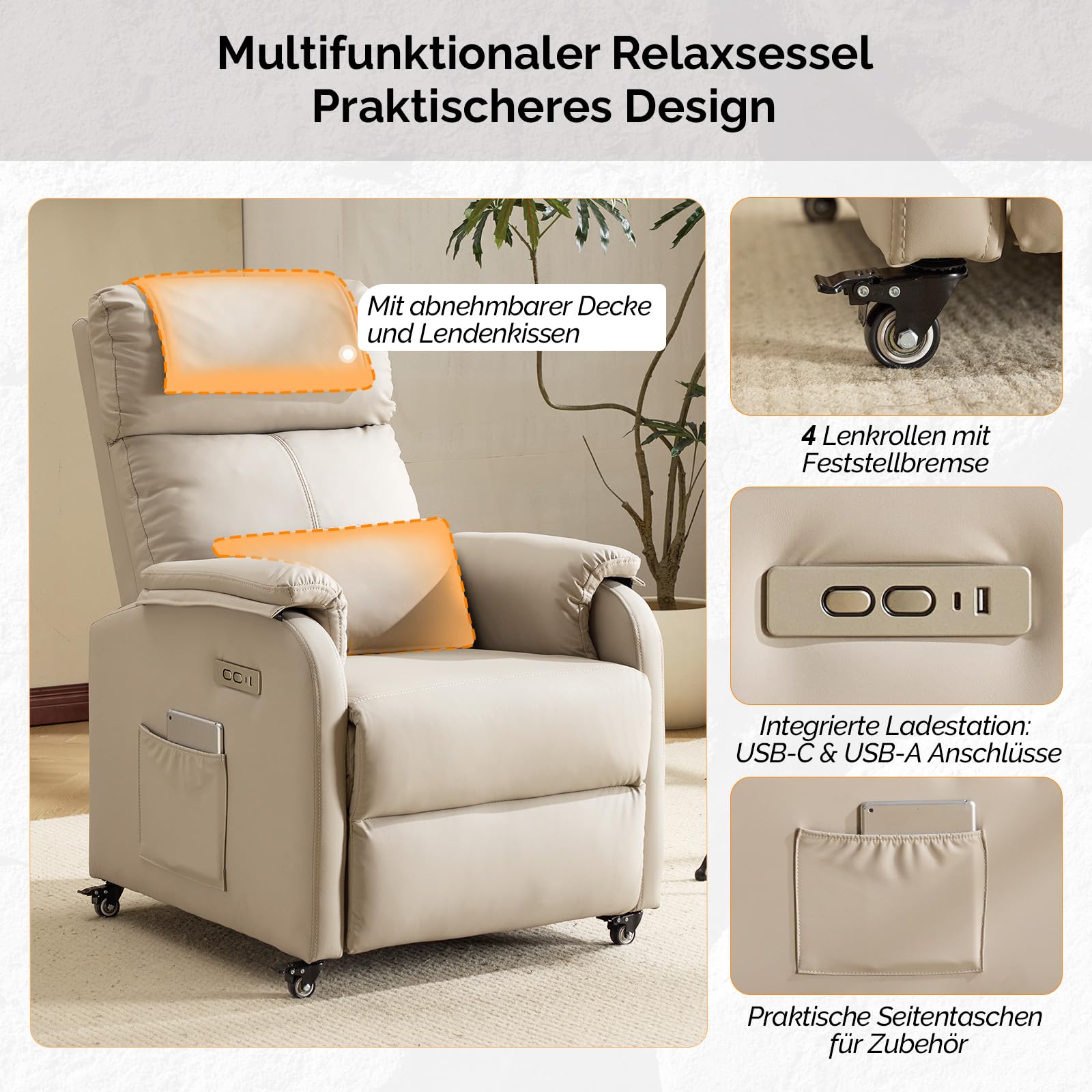 Bonnlo Poltrona per relax, poltrona per televisione, poltrona massaggiante elettrica con funzione reclinabile, poltrona TV, massaggio a 2 punti e funzione di calore, porte USB-C e USB-A, 1 tasca