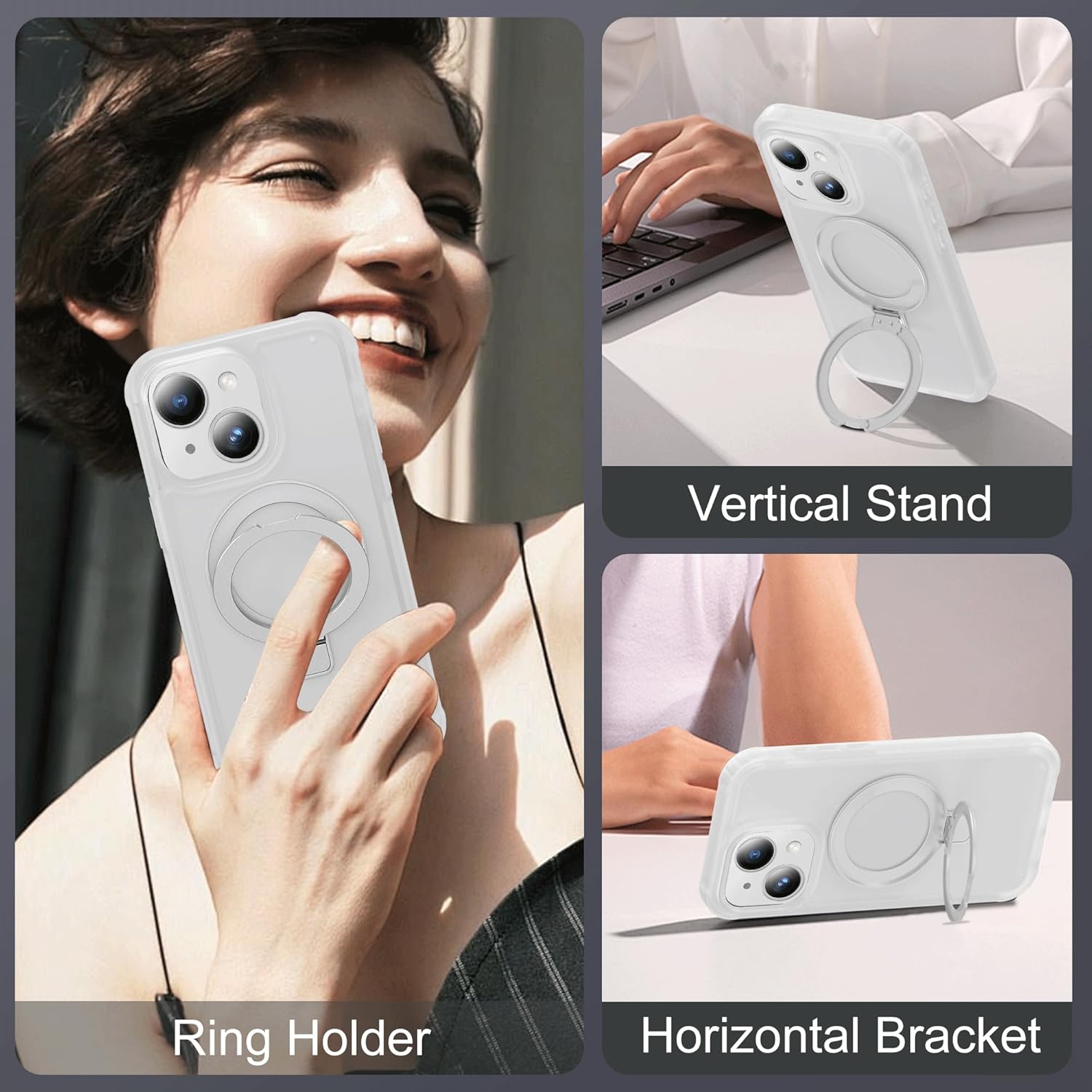 Compatible with iPhone 14/13 Case with Magnetic Ring Stand [Compatible with Mag-Safe] [Built-in Screen Protector] Military-Grade Shockproof Translucent Matte Phone Case, White