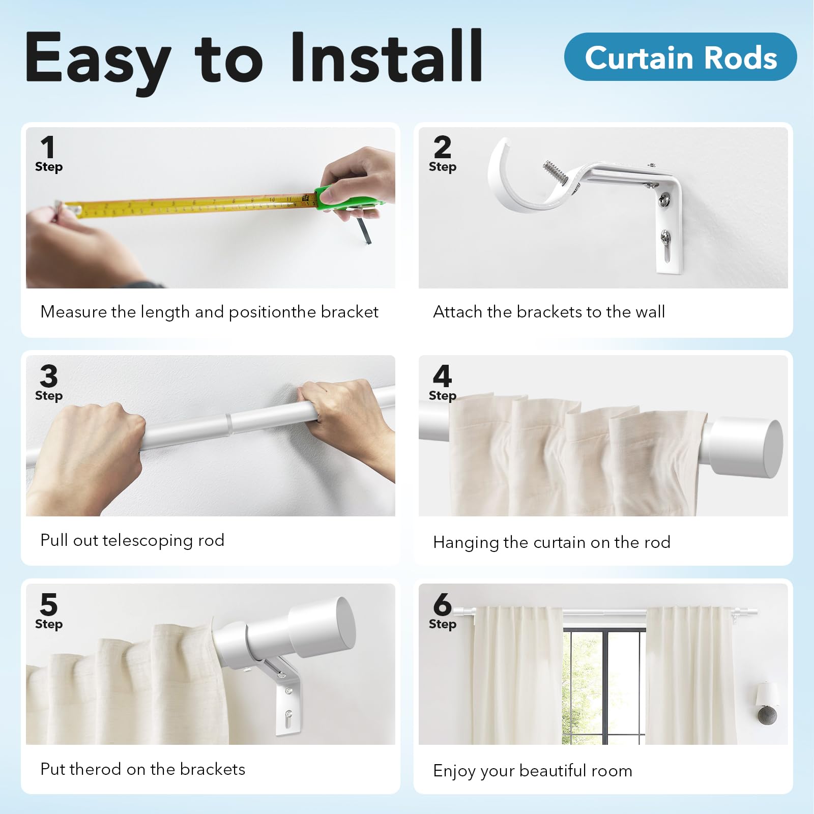 IFELS 2 Pack Heavy Duty Curtain Rods for Windows 28 to 48 Inch, 1 Inch White Curtain Rods Set of 2 Pack for Outdoor, Farmhouse, Bedroom, Adjustable Easy Install Curtain Rods (White,30"-60"-2Pack)