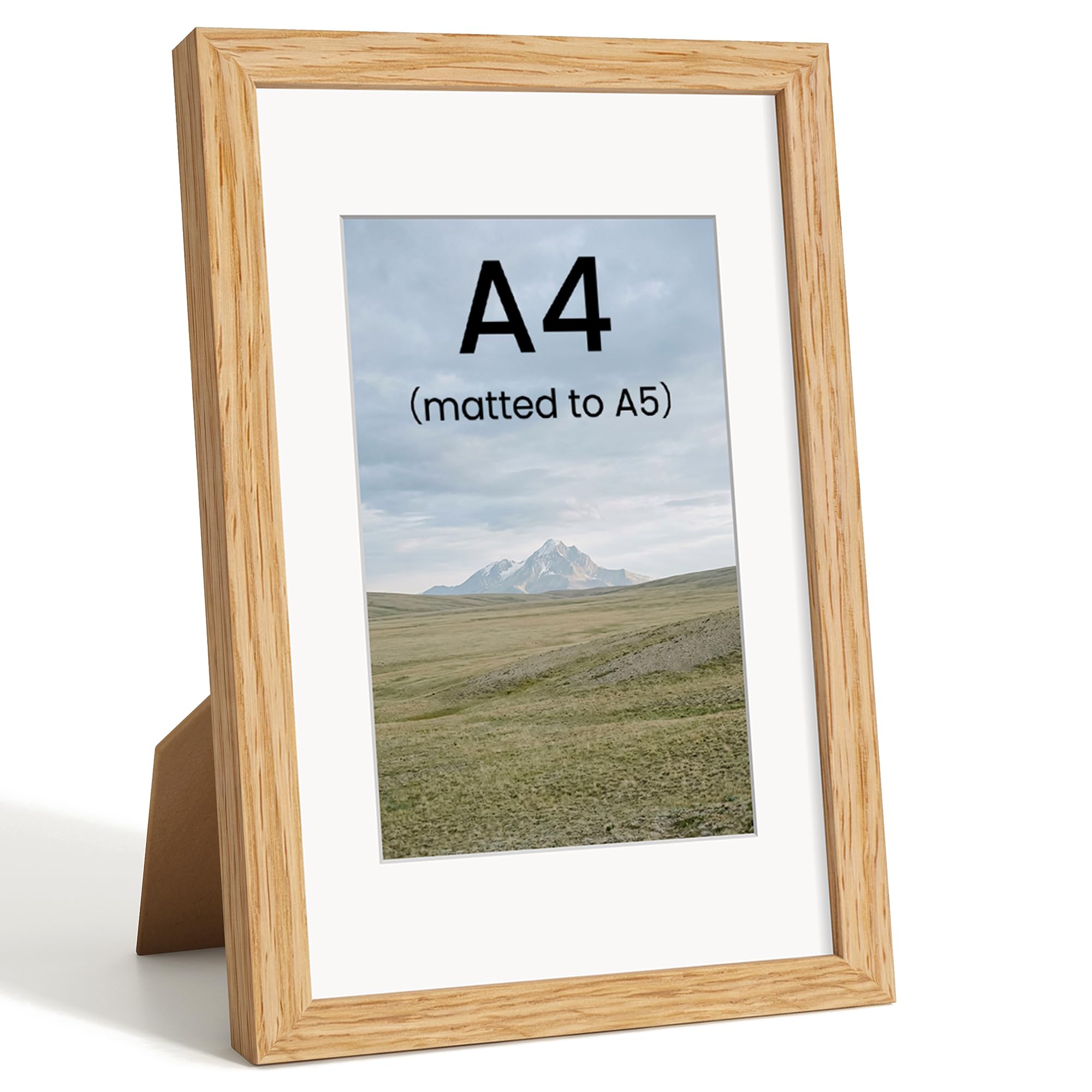 A4 Picture Frame, Solid Oak Wood, Mat fits A5, Tabletop & Wall Mount