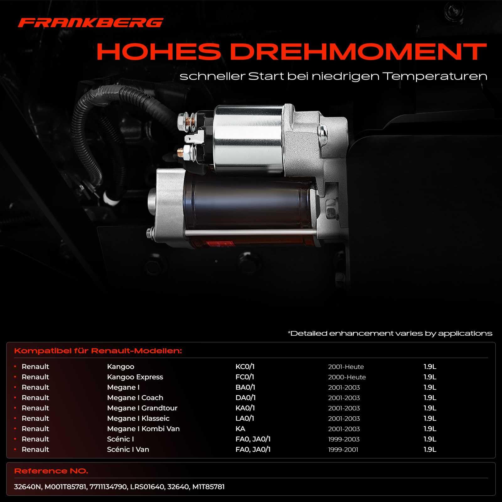Frankberg Motor de arranque para automóvil Diesel 1,6 KW/12 V/12 Dientes Compatible con M.e.g.a.n.e I Touring Van KA 1.9 DTi Kangoo KC0/1 1.9 dCi 4x4 Replace# 7711134790