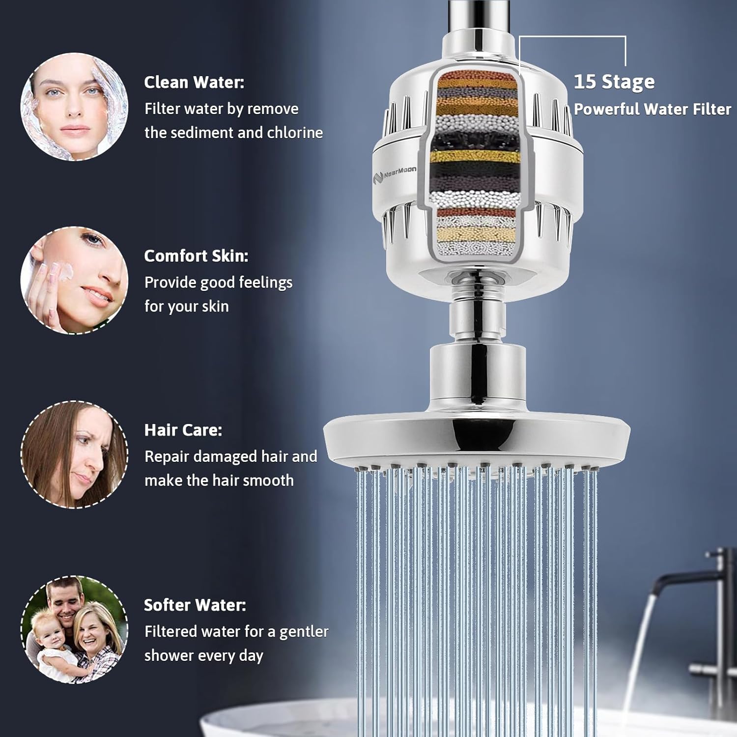 NearMoon Filtered Shower Head, High Pressure Rain Fixed Showerhead Rainfall 5-Setting with 15 Stage Filter Cartridge- Relaxed Shower Experience Even at Low Water Flow & Pressure (Chrome Finish)