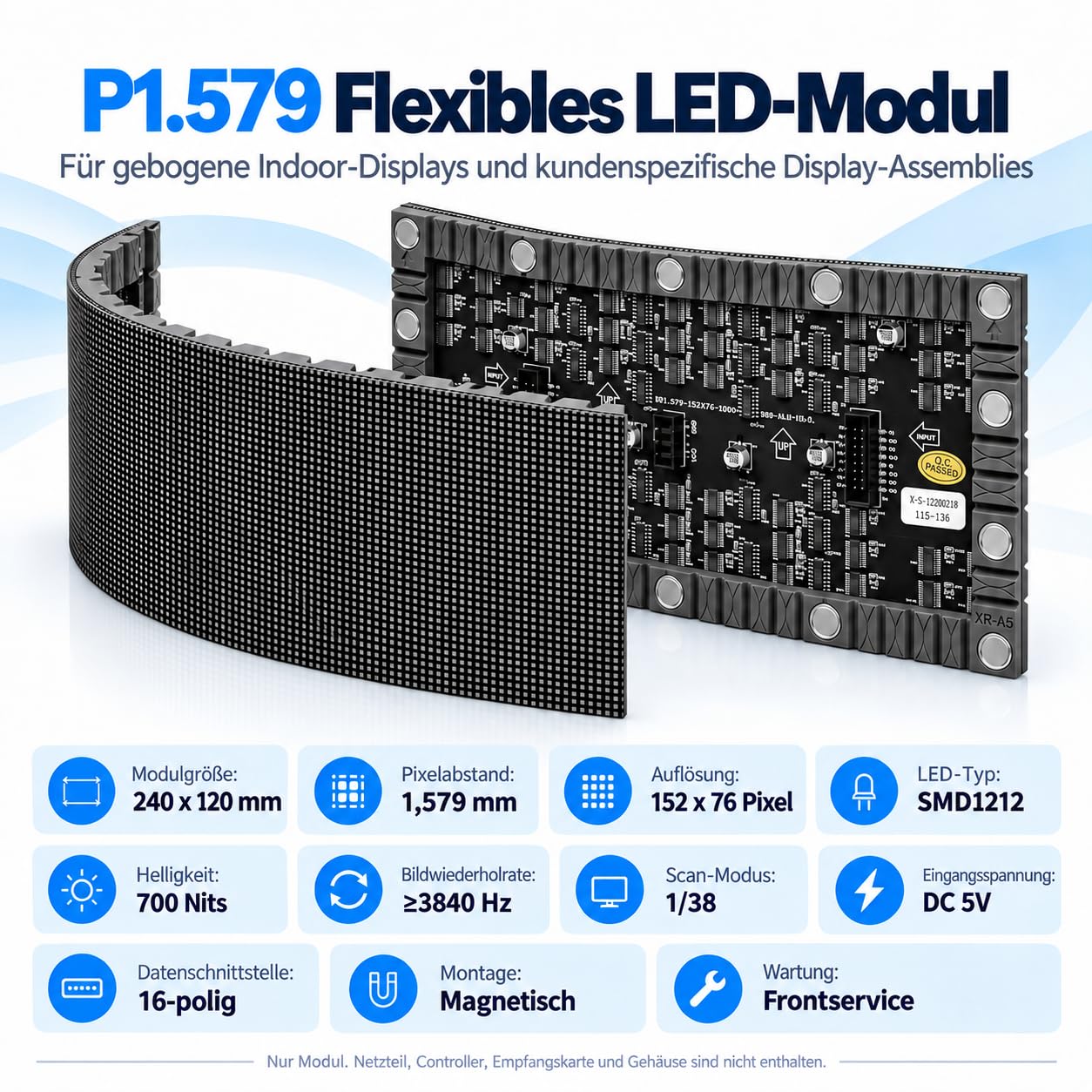 P1.579 Flexibles LED-Modul 240 x 120 mm, 152 x 76 Pixel, SMD1212, DC 5V, 700 Nits, 1/38 Scan, Magnetmontage, Frontservice für gebogene Indoor-Displays, 20 Stück