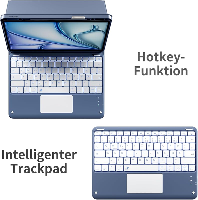 Vobafe iPad Air 13" és iPad Pro 12.9" Billentyűzetes Tok QWERTZ Trackpad Világítással - iPad Air 13 Zoll M3/M2, iPad Pro 12.9 Zoll, blue grey