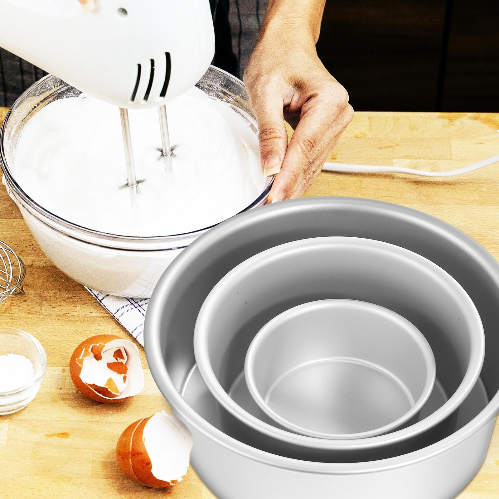 Housoutil Juego de 3 Moldes Redondos para Pasteles Base Fija Aluminio Alimentario Tamaños 10 CM 15 CM y 20 CM Antiadherentes para Hornear Utensilios de Repostería Hogar