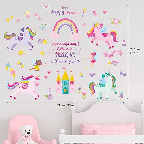 Miniatura 5 de DECOWALL DS9-2119 Calcomanías de pared de unicornio colorido de hadas arco iris para niños, calcomanías extraíbles para niñas, cuarto de bebé,