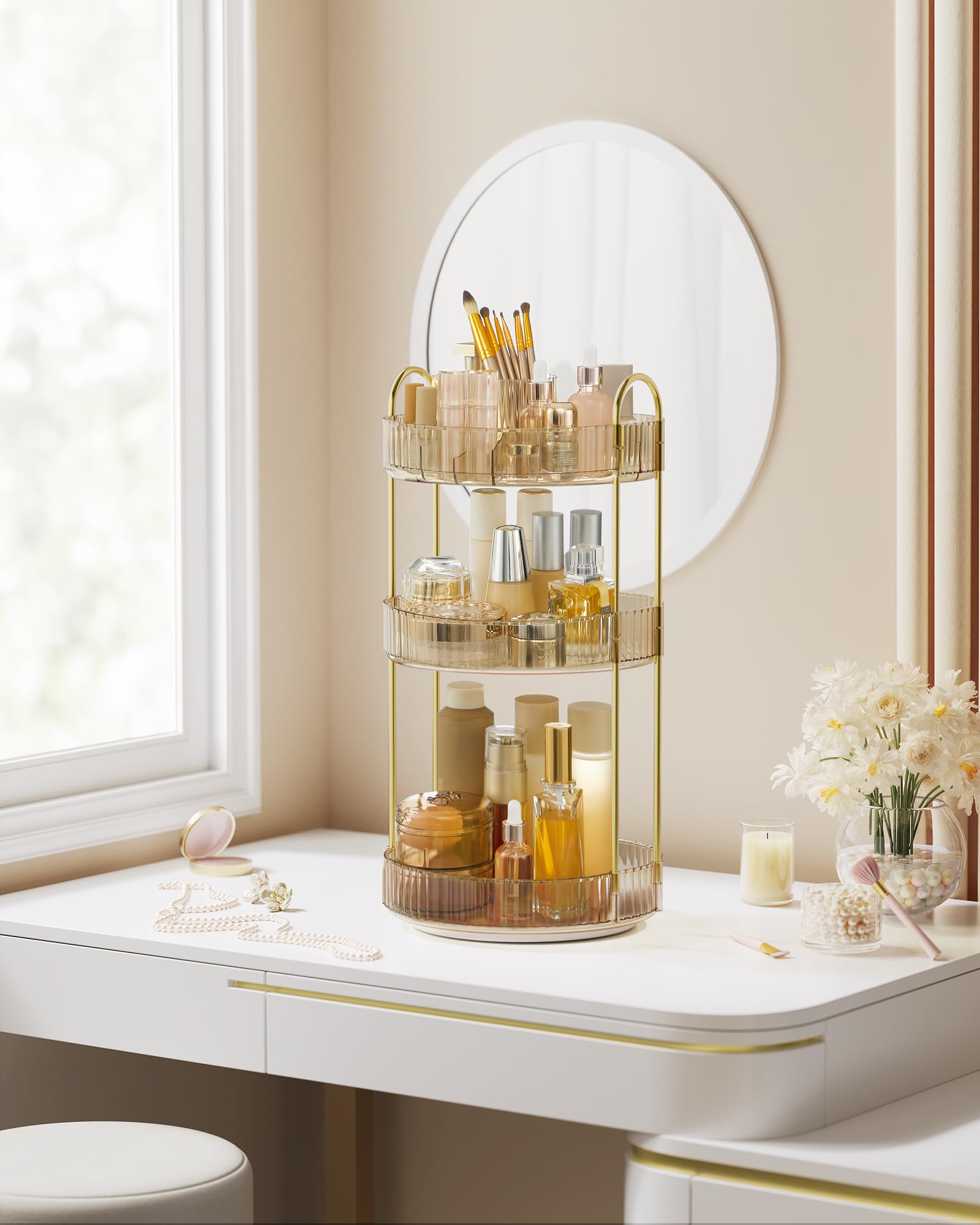 SONGMICS Makeup Organiser Rotating, 3-Tier Round Skincare Organiser, Customisable, Toiletries Cosmetics Organiser, Gift - Image 2