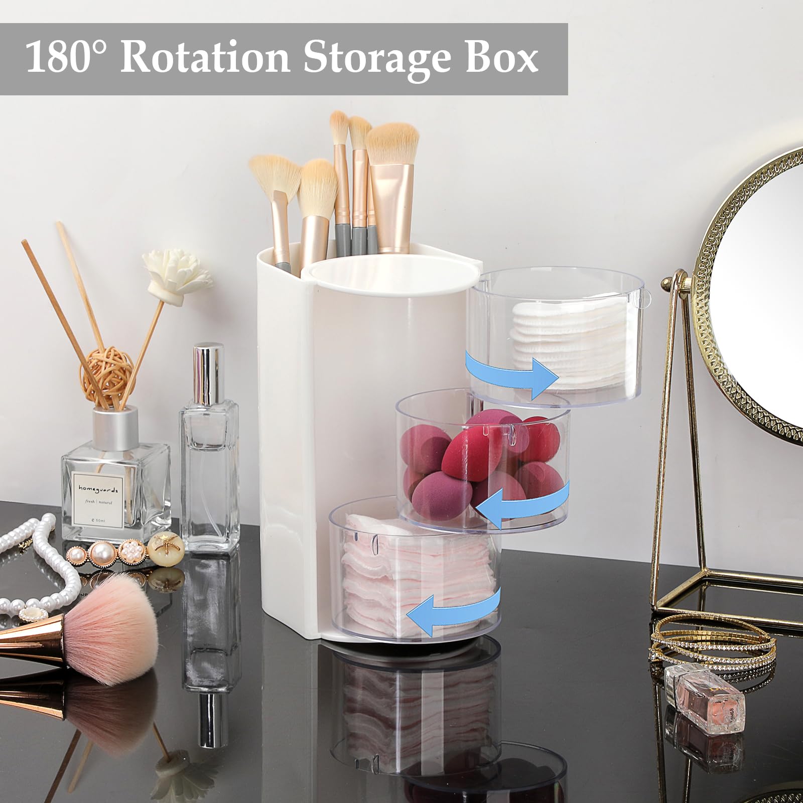Organizzatore rotante per accessori con porta pettine, in plastica, contenitore per cosmetici, per pennelli da trucco, 3 strati, bianco