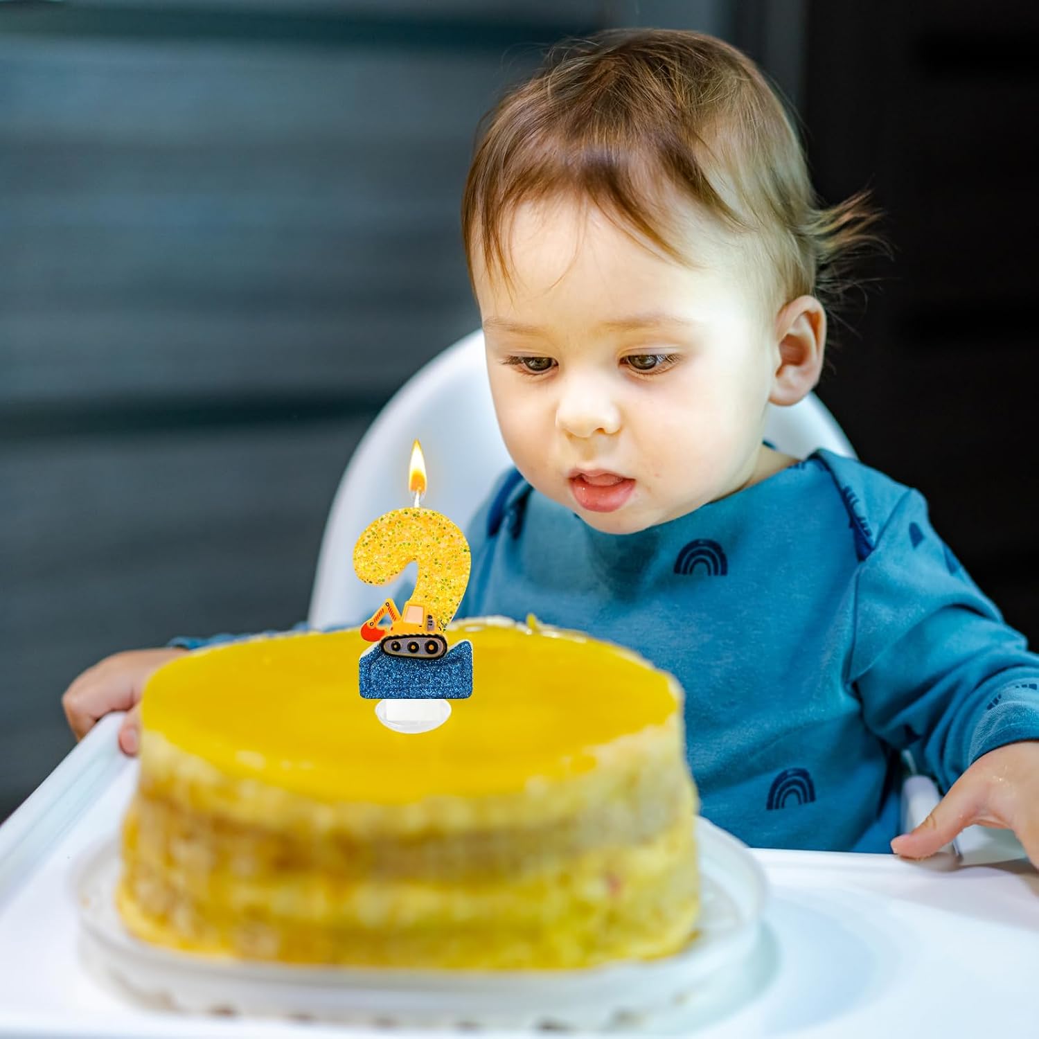 Construction Birthday Candle -Digger Birthday Candles Numbers，Number 2 Birthday Candles，Yellow & Blue Construction Party Decorations,Excavator Birthday Decorations for Kid's Party Celebration