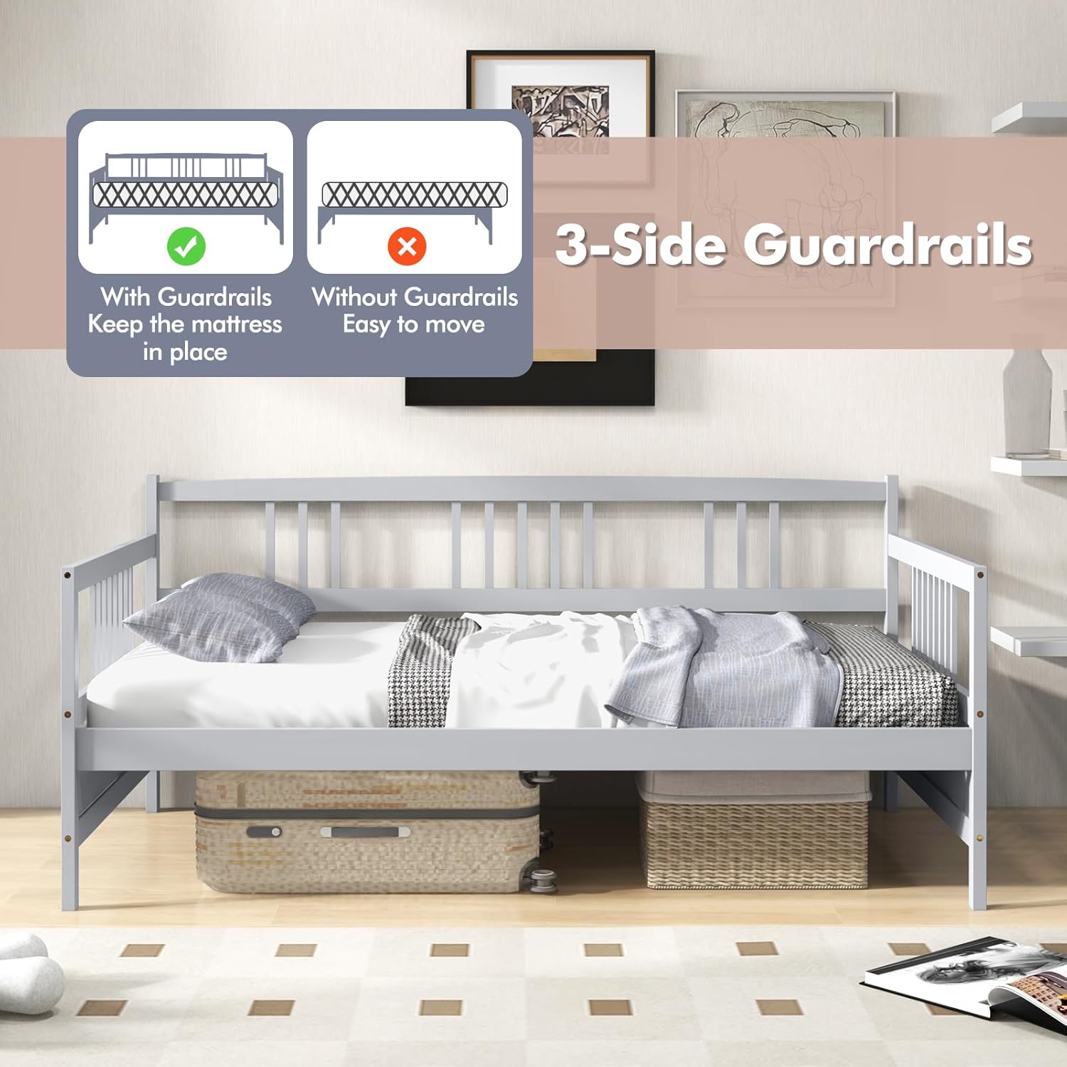 MAT EXPERT Twin Daybed, Pine Wood Daybed with 3-Side Rails & 10 Support Slats, Under Bed Storage Space, 2-in-1 Sofa Bed Frame for Living Room, Bedroom, Deck, Guest Room (Grey)