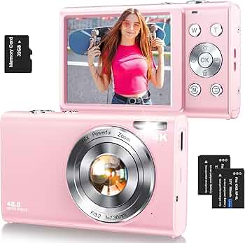 Digital Camera,Autofocus 4K Vlogging Camera for Photography with 32GB Card,48MP Portable Compact Point and Shoot Digital Camera for Teens Adult Beginner with 16X Zoom,Anti-Shake,2 Batteries(Pink)