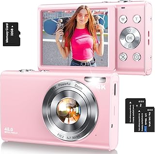 Digital Camera,Autofocus 4K Vlogging Camera for Photography with 32GB Card,48MP Portable Compact Point and Shoot Digital Camera for Teens Adult Beginner with 16X Zoom,Anti-Shake,2 Batteries(Pink)