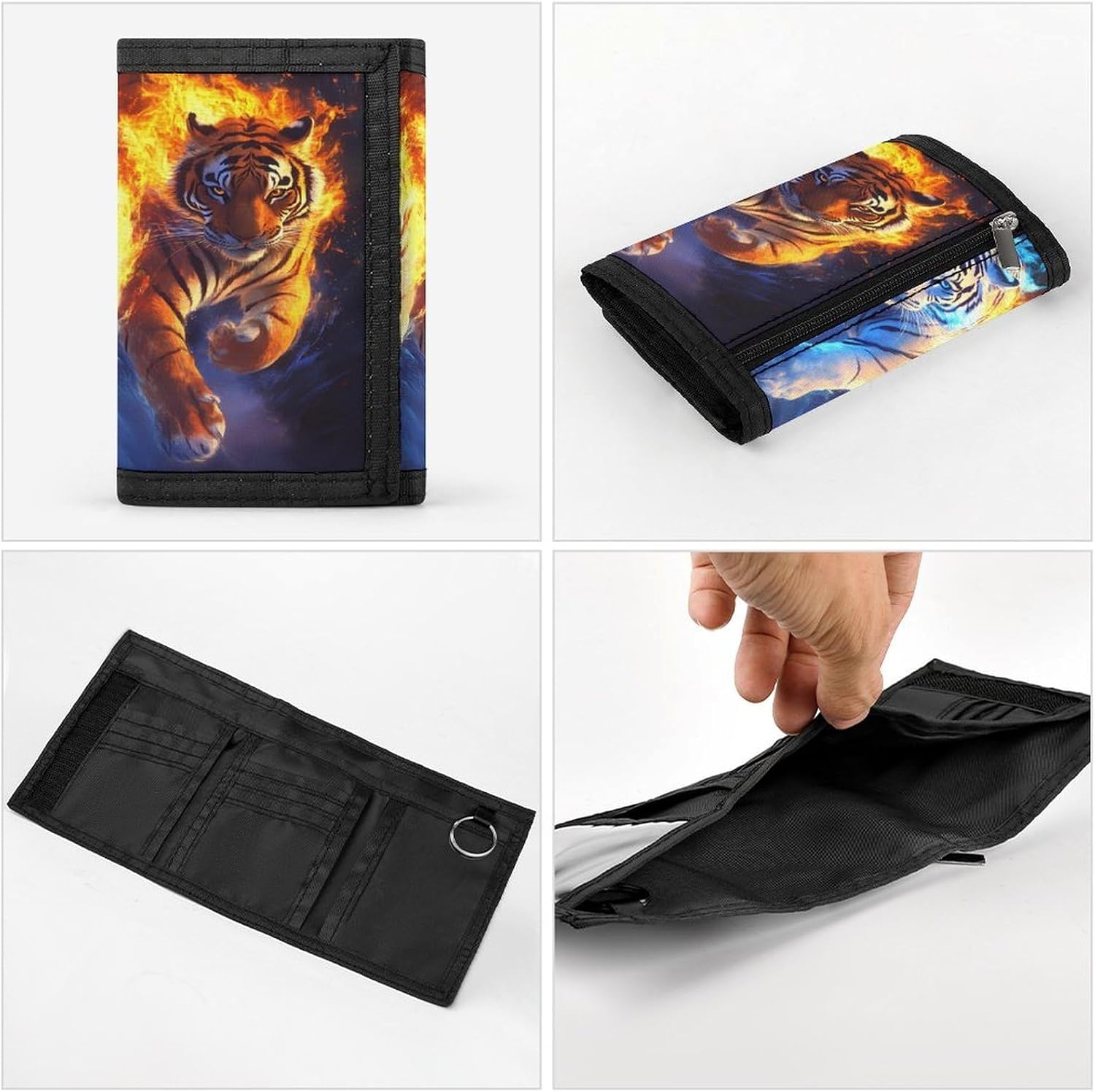 Two Tigers Flame Trifold Slim Wallet Front Pocket With Money Clip And ID Credit Card Slots For Travel Work