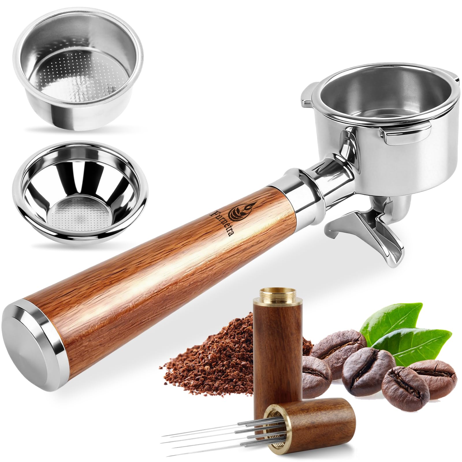Portafiltro 54mm de Doble Salida, 3 Orejas en Acero Inoxidable 304 con Mango de Madera de Nogal, Incluye 2 Filtros y Aguja WDT, Compatible con Sage/Breville Barista BES 870/878/880