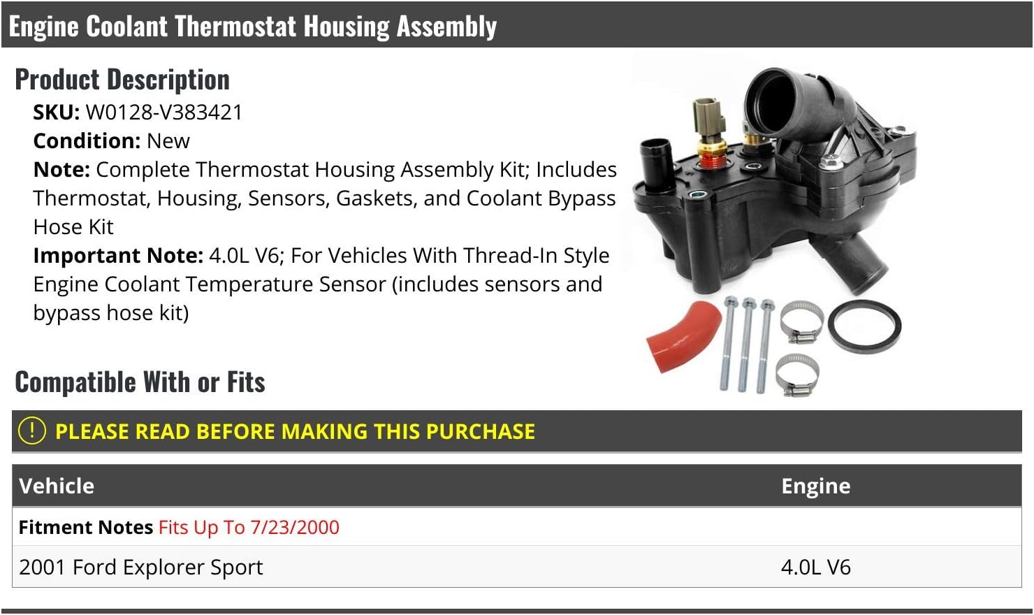 Engine Coolant Thermostat and Housing Assembly - Compatible with 2001 Ford Explorer Sport 4.0L V6 (Fits Up To 7/23/2000)