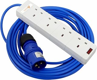 16 amp plug to 4 gang socket mains hook up extension lead with 1.5mm arctic blue flex, 15 metre