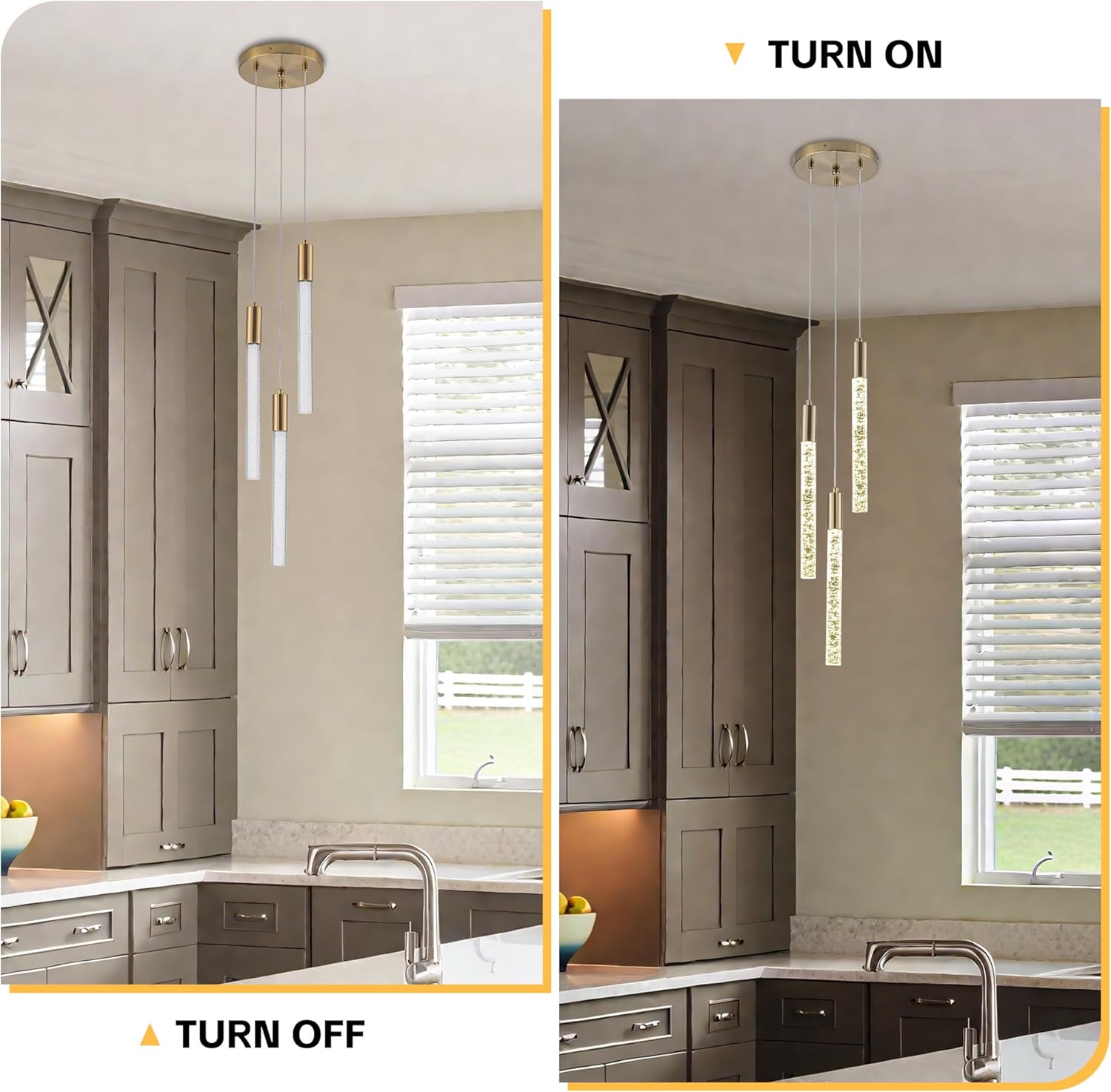 Gold Crystal Column Chandeliers Kitchen Island Lighting 3-Lights Round Pillar Raindrop Bubble Pendant Light Hanging Ceiling Lights for Dining Room Bedroom