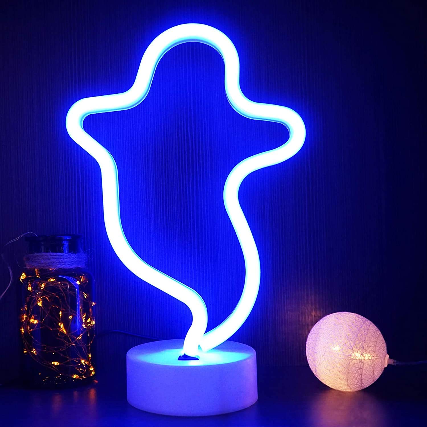 OHLGT LED Neon Light, Neon Sign Blue Ghost Lamp with Base, Battery and USB Operated Neon Decorative Lights for Halloween, Christmas, New Years, Party, Bar, Home, Bedroom