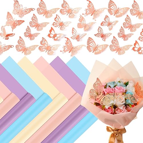 Jetec Juego de 320 piezas de papel de regalo de flores, 200 hojas de papel de regalo floral con 120 piezas 3D de mariposa dorada para decoración de