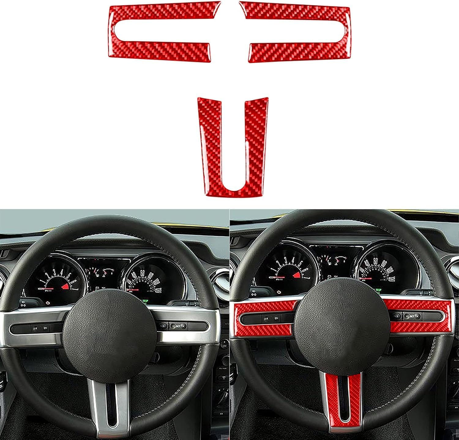 Carbon Fiber car Interior Accessories 3pcs/Set Steering Wheel Cover Decorative Stickers for Ford Mustang GT S197 2005-2009 (red)