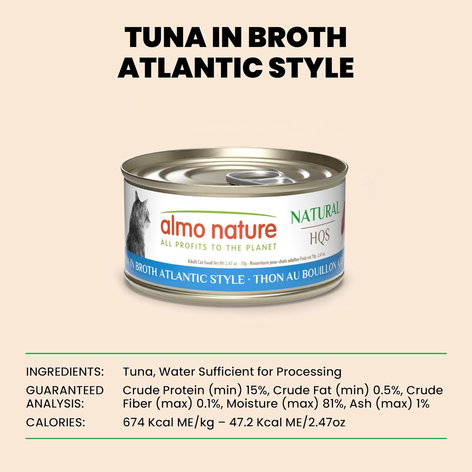 almo nature HQS Natural Wet Cat Food Tuna in Broth Atlantic Style, Grain-Free, 2.47 oz (Pack of 24)