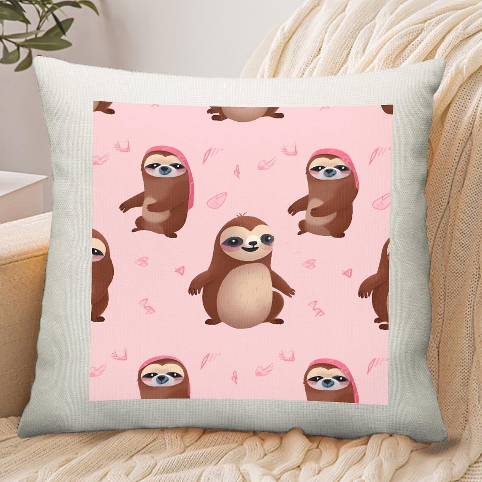 Adfgyerh Style Sloth-Pink Pillow Cover Breathable,Pillowcases Boho Decorative Envelope Closure,Throw Pillow Covers For Beach,Patio,Balcony,Couch Living Room 18 * 18In