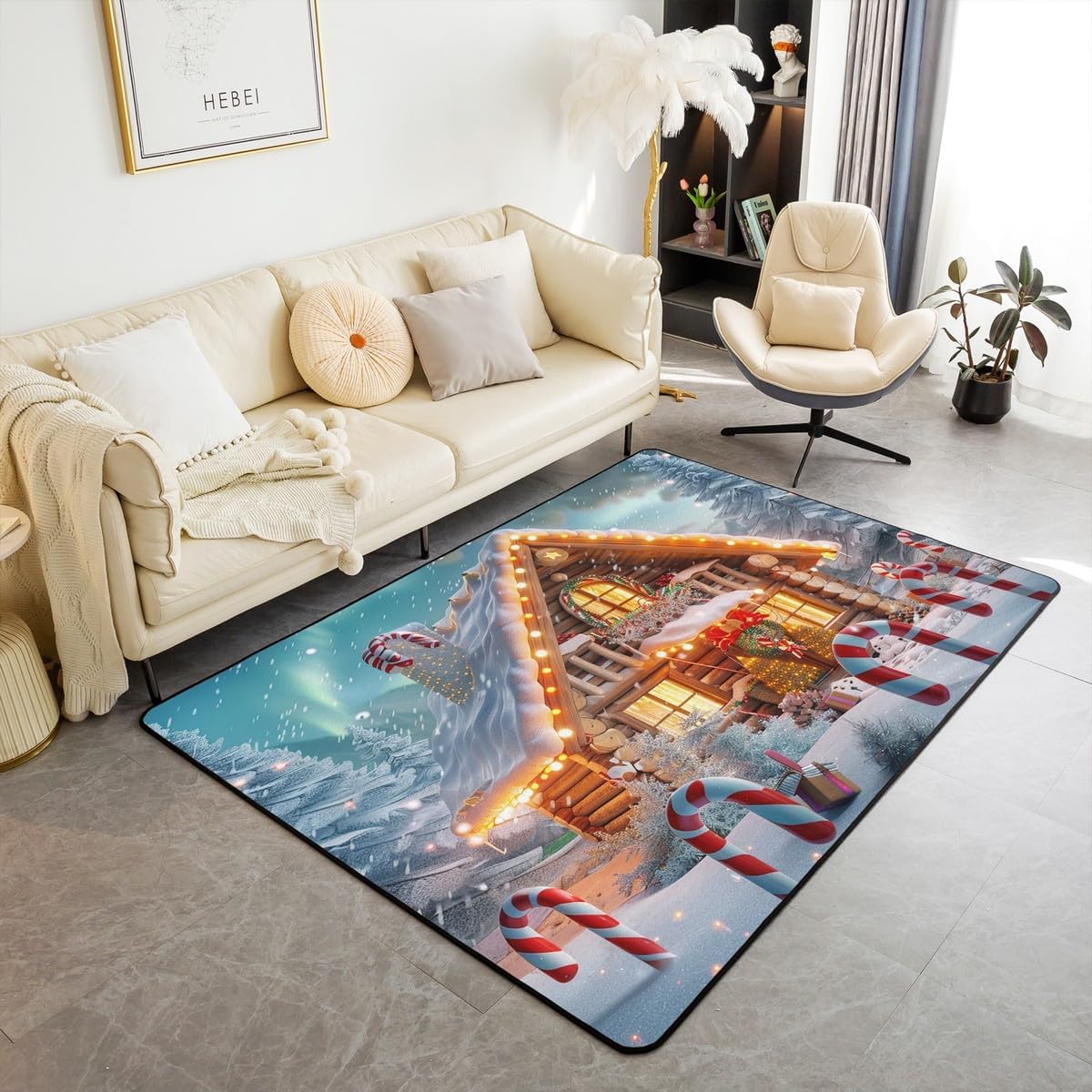 Erosebridal Cartoon Xmas Eve Carpet 3x5, Merry Christmas House Area Rug, Xmas Cane Winter Ornament Indoor Floor Mat, Snowflake Warm Lights Living Room Rugs for Dining Room Under Table for Kids Boys