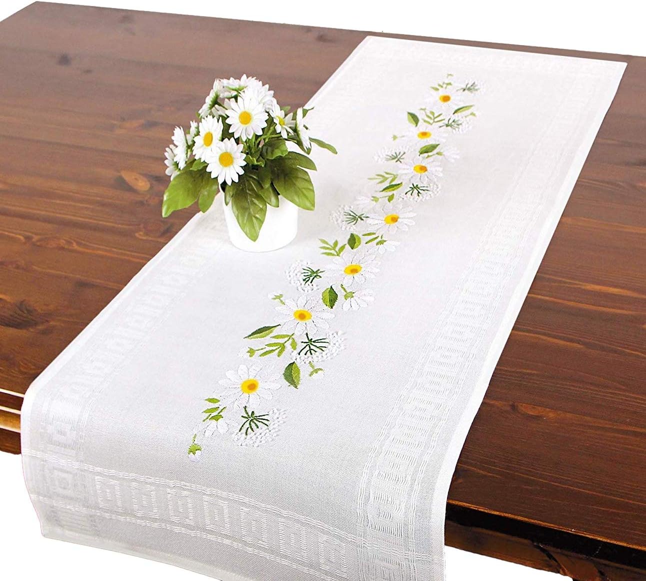 Tischdeckenshop24Embroidery Kit Daisies, Complete Pre-Drawn Table Runner Set with Template for Adults
