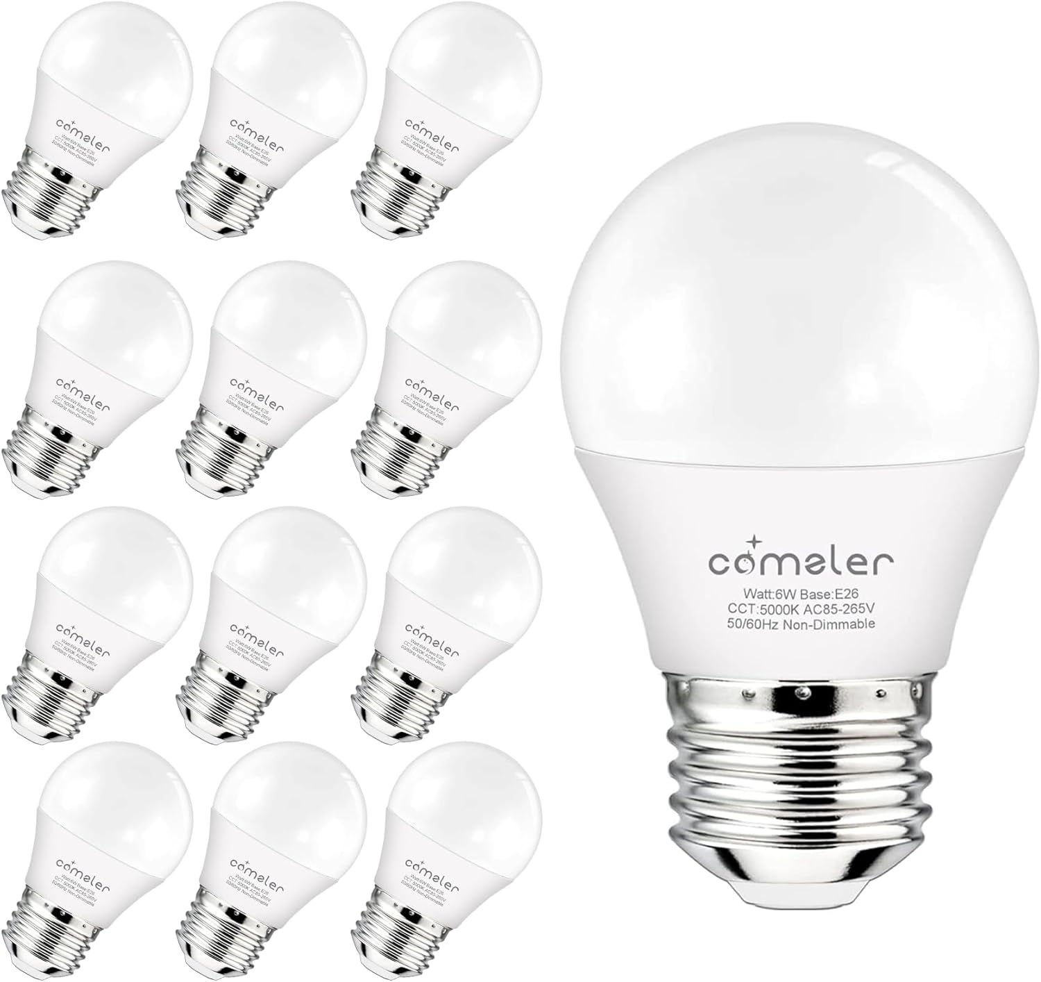 comzler 12 Pack E26 LED Light Bulb, 5000K Daylight 6 Watt 60W Equivalent Small Light Bulbs, A15 Shape Medium Screw Base for Ceiling Fan, CRI 85+, 400Lumen, Non-Dimmable, Home Lighting Decorative