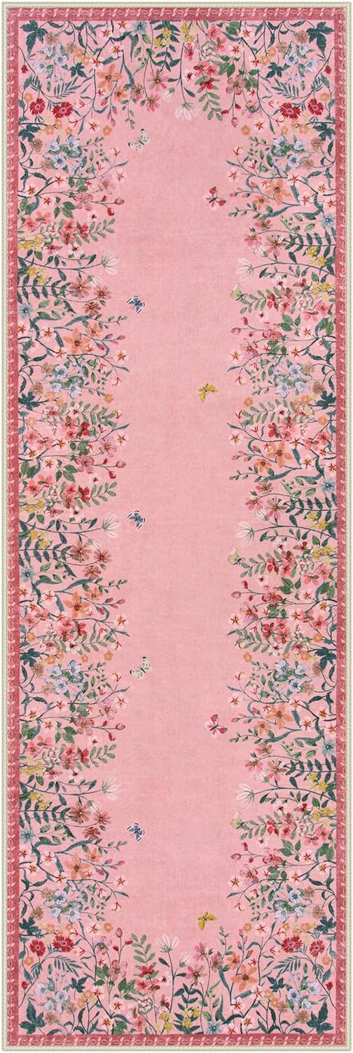 Wonnitar 2x6 Runner Rug for Hallways, Pink Floral Bathroom Rugs Non Slip Washable, Low Pile Soft Botanical Runner for Girls Bedroom Laundry Room Bedside (Pink,2'x6')