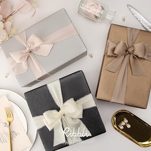 Miniatura 3 de Ribbli Cinta de Satén de Seda Marfil Champán de 1.5 Pulgadas x 30 Yardas Cinta de Gasa Deshilachada Hecha a Mano para Envolver Regalos Invitaciones