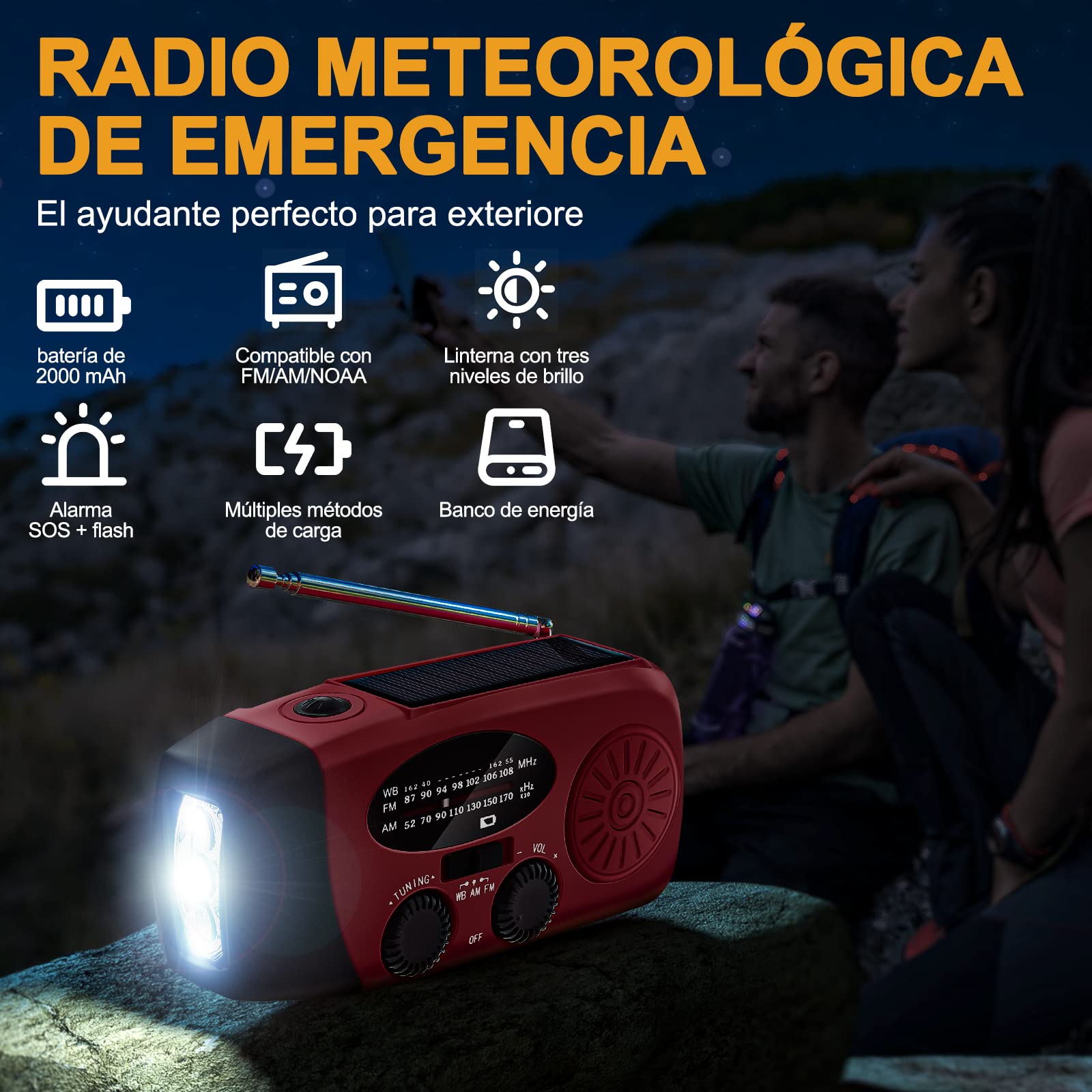 Radio Solar de Emergencia Radio FM/Am/NOAA Portátil Manivela de la Mano Radio con 2000mAh como Power Bank 3-LED Linterna Alarma SOS Radio portátil y Recargable doméstica y de Camping