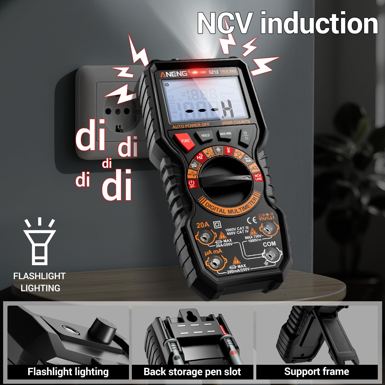 ANENG Multimètre,Testeur Numérique 20000 Points,Voltmètre Max/Min,Mesure la Tension AC/DC,le Courant,la Résistance,la Capacité,NCV,Maintien des Données,Idéal Pour les Applications Automobiles